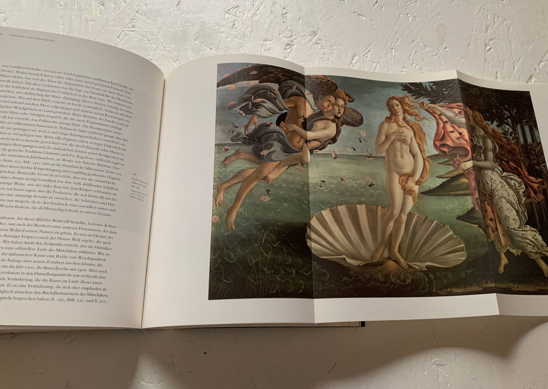 Das Kunstbuch Eine Geschichte der Kunst von E.H. Gombrich aufgeklappt auf der Seite mit Botticellis Geburt der Venus als Aufklappbild.