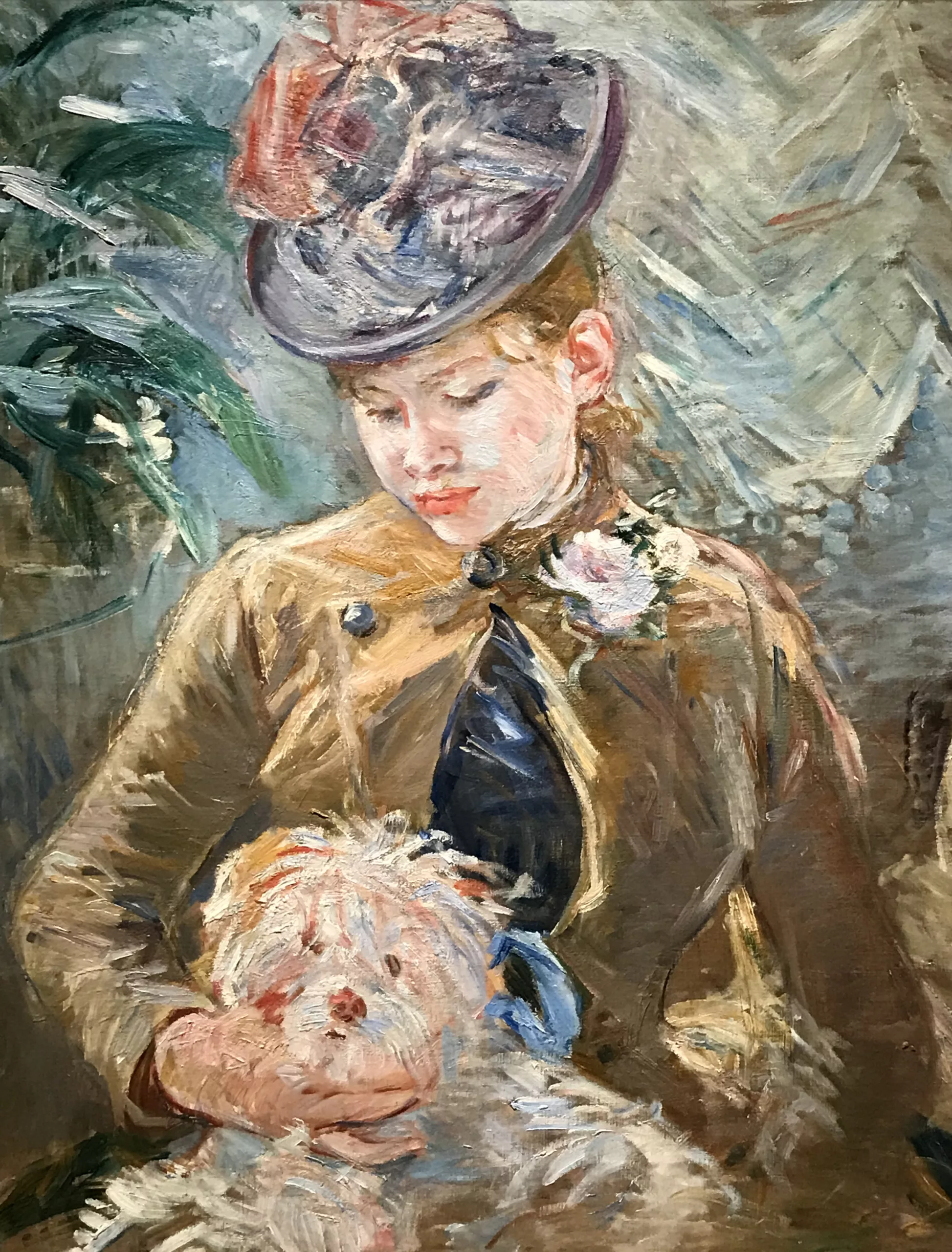 Impressionistisches Gemälde von Berthe Morisot. Junges Mädchen mit Hund.