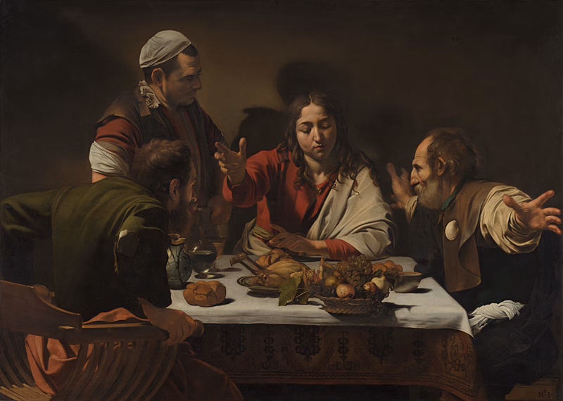 Licht und Schatten haben eine starke wirkung in dem gemälde von Caravaggio, Abendmahl in Emmaus.