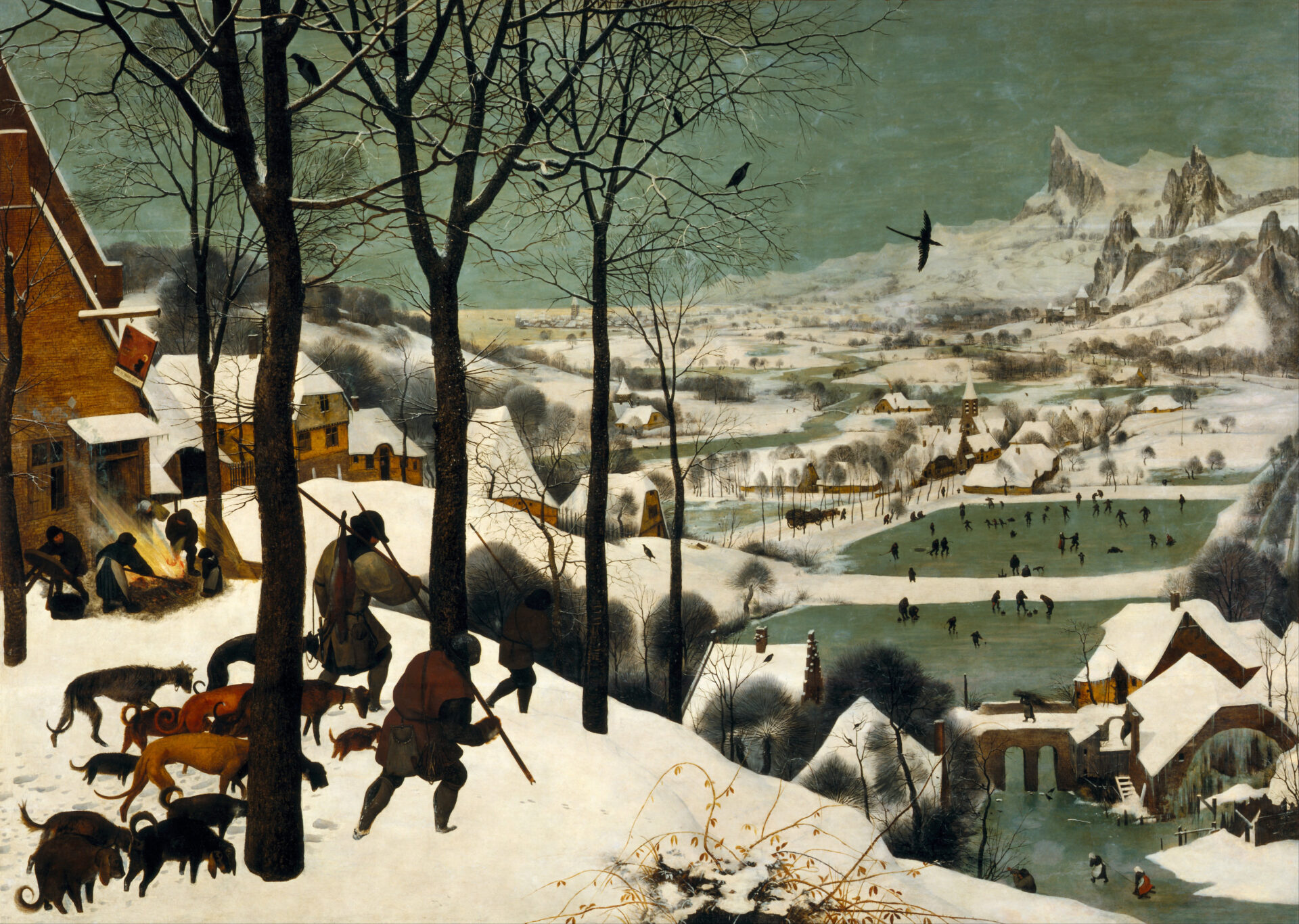 Pieter_Bruegel_the_Elder_-_Hunters_in_the_Snow_(Winter)_-_Google_Art_Project Eine Landschaft im Winter gemalt von Pieter Bruegel dem Älteren.